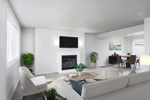 a living room with a white couch and a fireplace